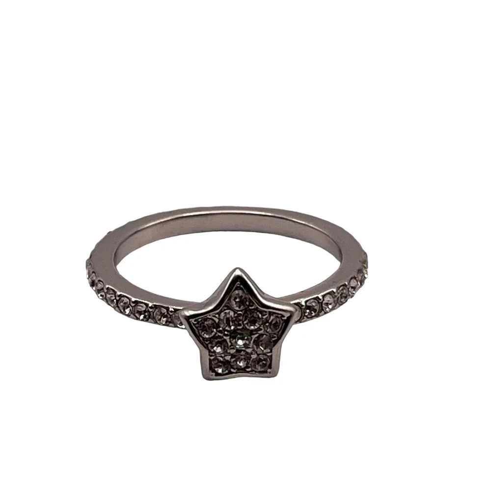 Star Ring Marked B China Silver‎ Tone Size 9 Icy Clear Rhinestones Astrology